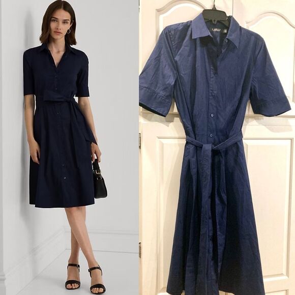 LAUREN Ralph Lauren Belted Cotton-Blend Shirtdress Navy Blue Size 8 - Picture 1 of 14